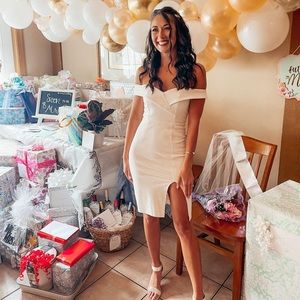 White/Ivory Off the Shoulder Fitted Midi Dress